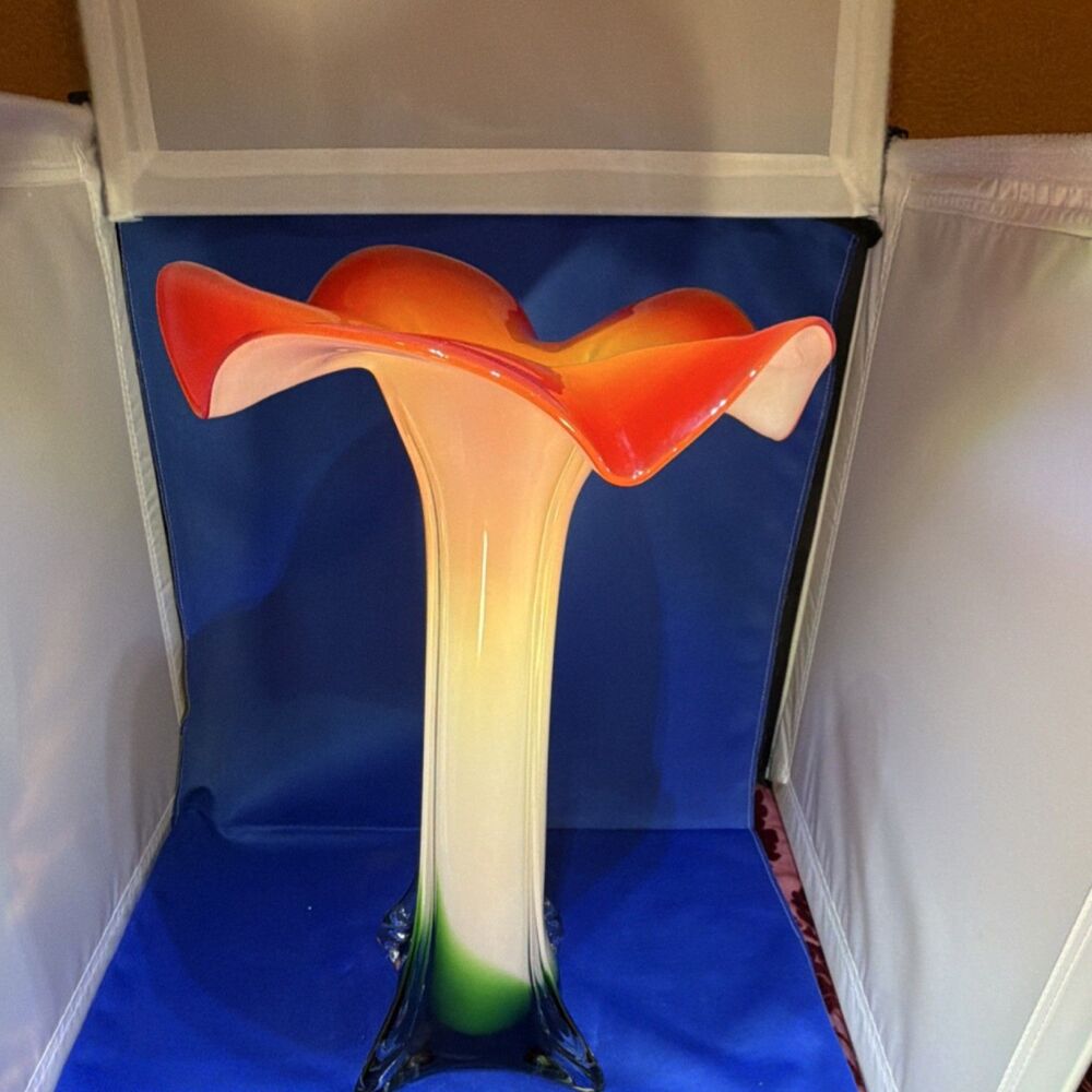 Murano-style Abstract Art Glass Vase Orange Red Green White Decorative Glossy